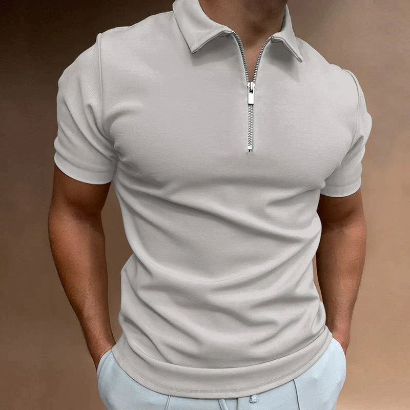 Graues Herren-Poloshirt mit Reißverschluss, Kurzarm, Baumwolle, modisch, lässig.