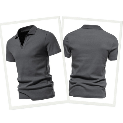 Graues Herren-Poloshirt aus Baumwolle, Vorder- und Rückansicht, kurzärmelig, klassischer Stil.