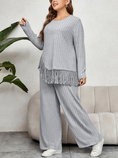Graues Damen-Strickset mit Fransen, langärmelig, bequem, Freizeitmode, Herbst-Winter.