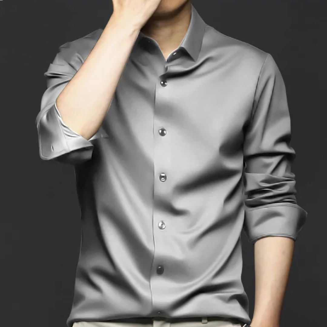 Graues Herrenhemd aus Satin, langärmelig, elegant, knitterfrei, für formelle Anlässe.