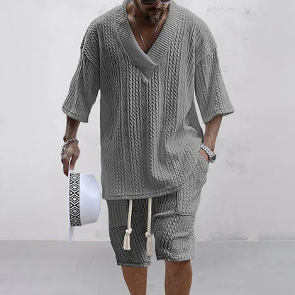 Graues Strickset Herren, V-Ausschnitt Pullover, kurze Hose, lässig, modisch, Baumwolle.