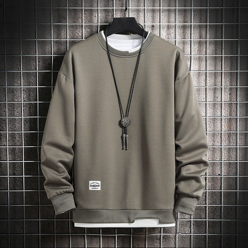 Graues Herren-Sweatshirt mit Rundhalsausschnitt, Kordelanhänger, lässiger Stil, Baumwolle.