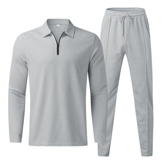 Grauer Herren-Trainingsanzug, langärmelig, Reißverschluss, atmungsaktiv, Sportbekleidung.