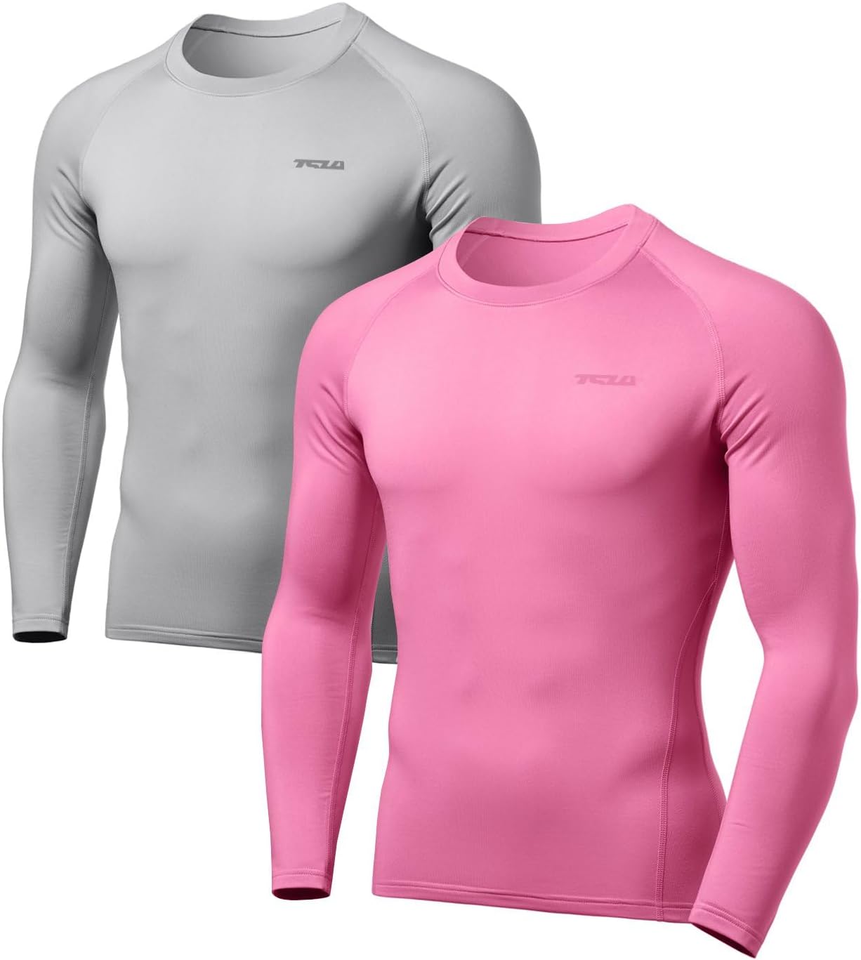 Zwei langärmlige Kompressionsshirts, grau und pink, für Herren, Sportbekleidung.