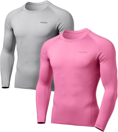 Zwei langärmlige Kompressionsshirts, grau und pink, für Herren, Sportbekleidung.