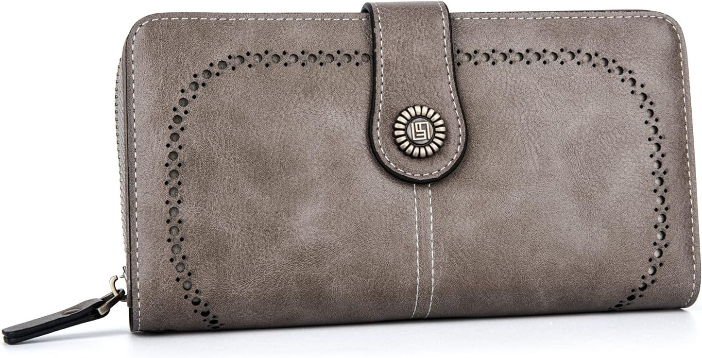 Graue Damen-Geldbörse aus Leder mit Druckknopf, elegant und stilvoll, Portemonnaie.