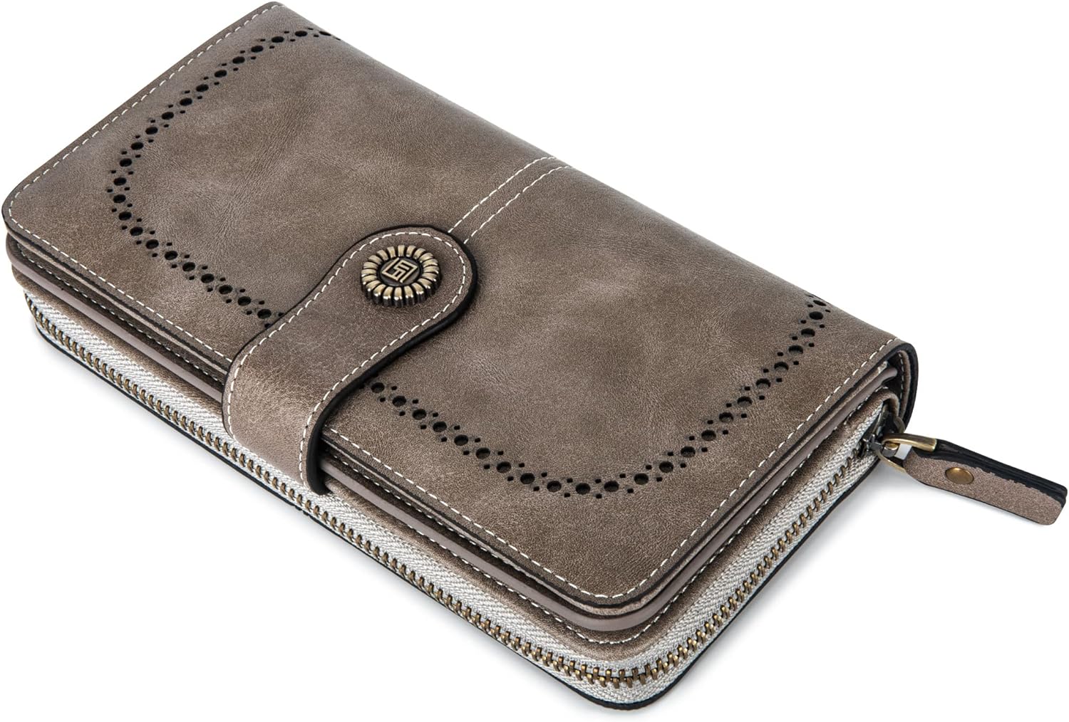 Graue Damen-Geldbörse aus Leder mit Reißverschluss und Knopfverschluss, elegant und stilvoll.