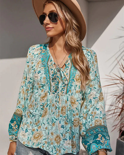 Vintage Boho sommarblus med blommönster och långa ärmar – Sana