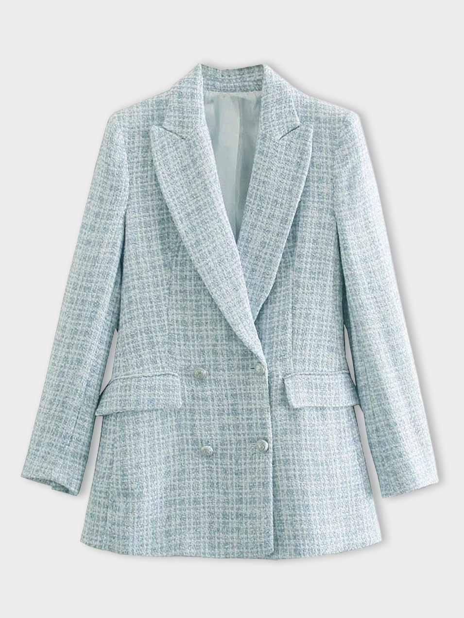 Damen Tweed Blazer kariert, hellblau, zweireihig, elegant, modisch, Business-Outfit.