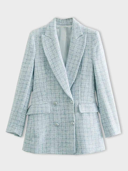 Damen Tweed Blazer kariert, hellblau, zweireihig, elegant, modisch, Business-Outfit.