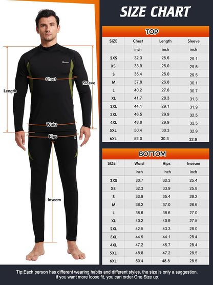 Größentabelle für schwarze Thermounterwäsche, Herren, langärmelig, atmungsaktiv, elastisch.