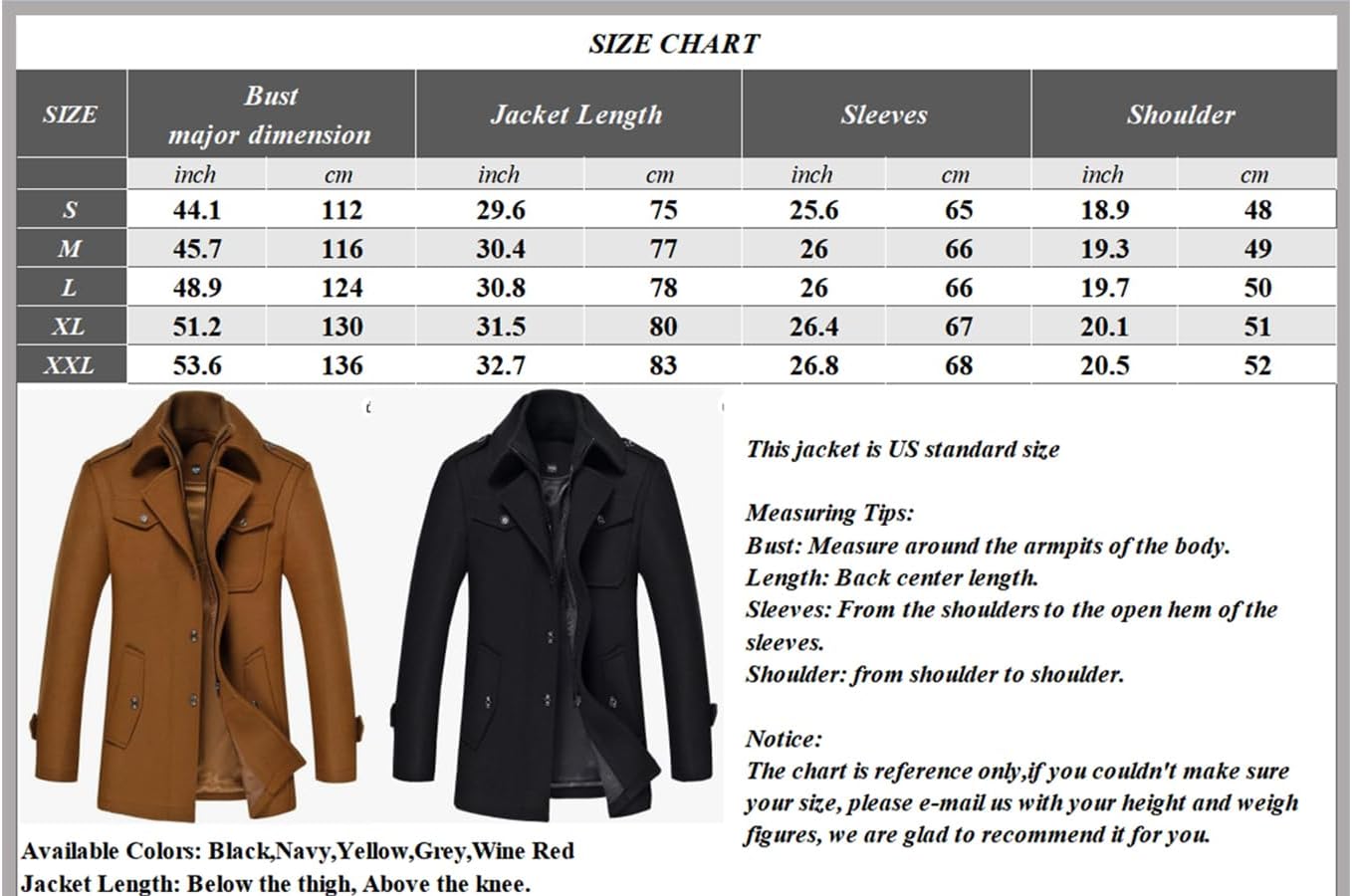 Größentabelle für Herrenjacke, Größen S-XXL, Farben: Schwarz, Marine, Gelb, Grau, Weinrot.