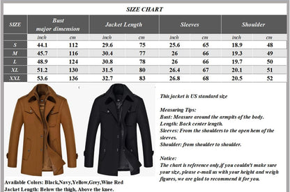 Größentabelle für Herrenjacke, Größen S-XXL, Farben: Schwarz, Marine, Gelb, Grau, Weinrot.