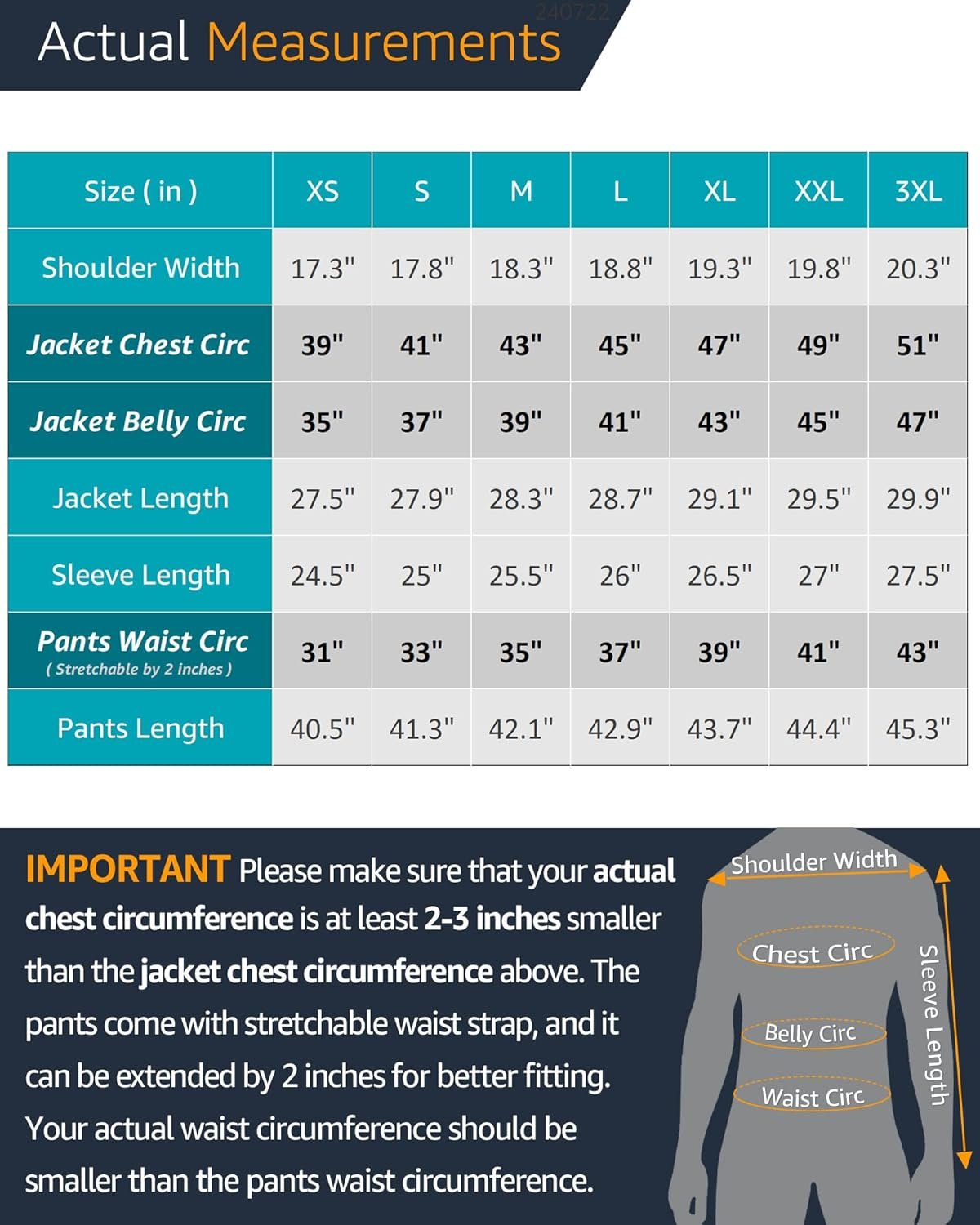 Größentabelle für Jacken und Hosen, Maße in Zoll, wichtige Hinweise zur Passform.
