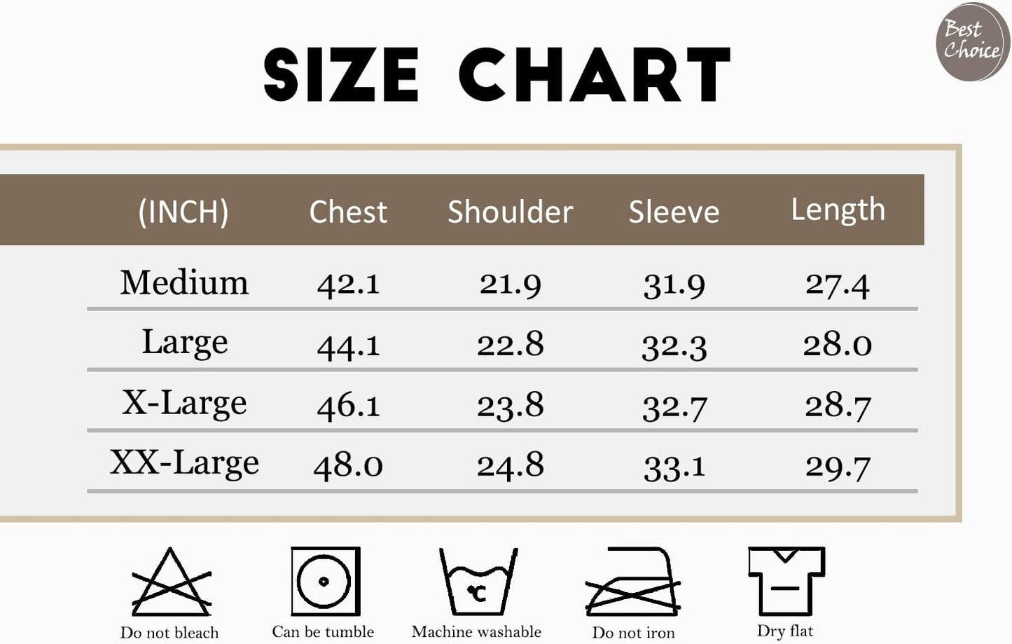 Größentabelle für Herrenhemden, Maße in Zoll, Medium bis XX-Large, Pflegehinweise.
