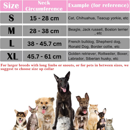 Größentabelle für Hundehalsbänder, verschiedene Rassen, Größen S bis XL, rosa Hintergrund.