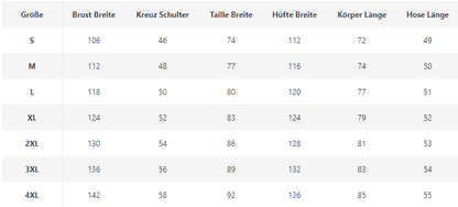 Größentabelle für Kleidung, Maße in cm, Größen S bis 4XL, Brust, Taille, Hüfte, Länge.