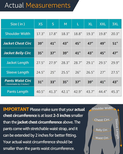 Größentabelle für Jacken und Hosen, Maße in Zoll, XS bis 3XL, wichtige Hinweise.