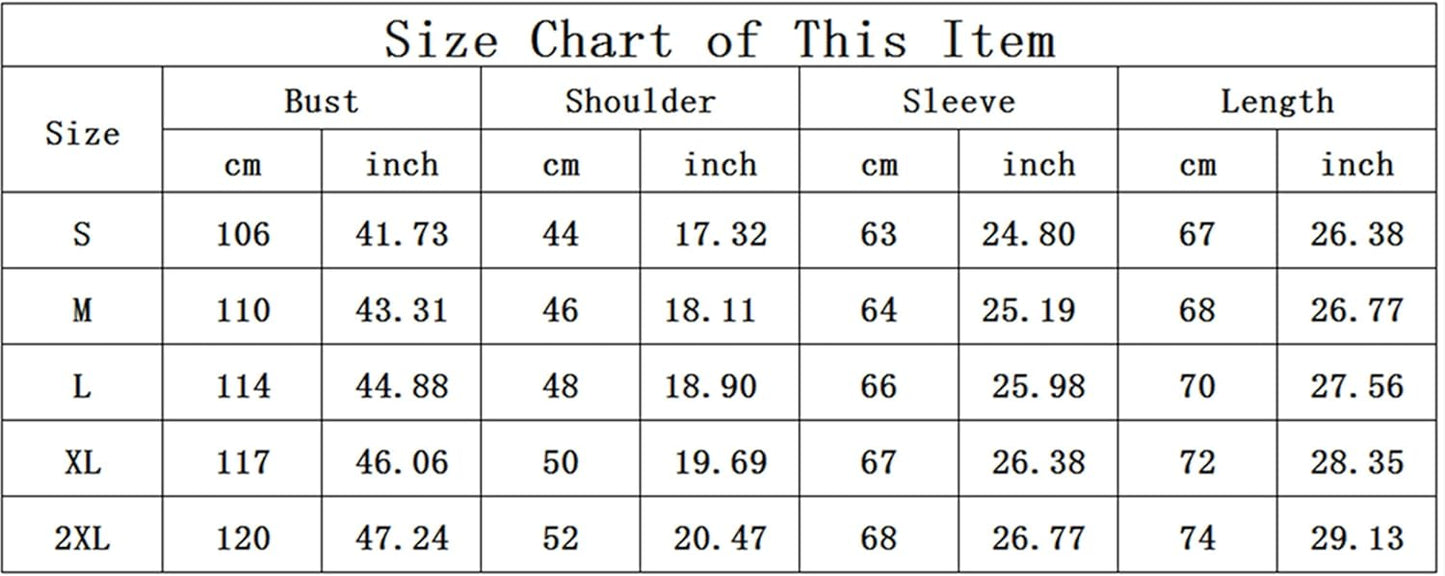 Größentabelle für Kleidung, Maße in cm und inch, Größen S bis 2XL, Brust, Schulter, Ärmel, Länge.