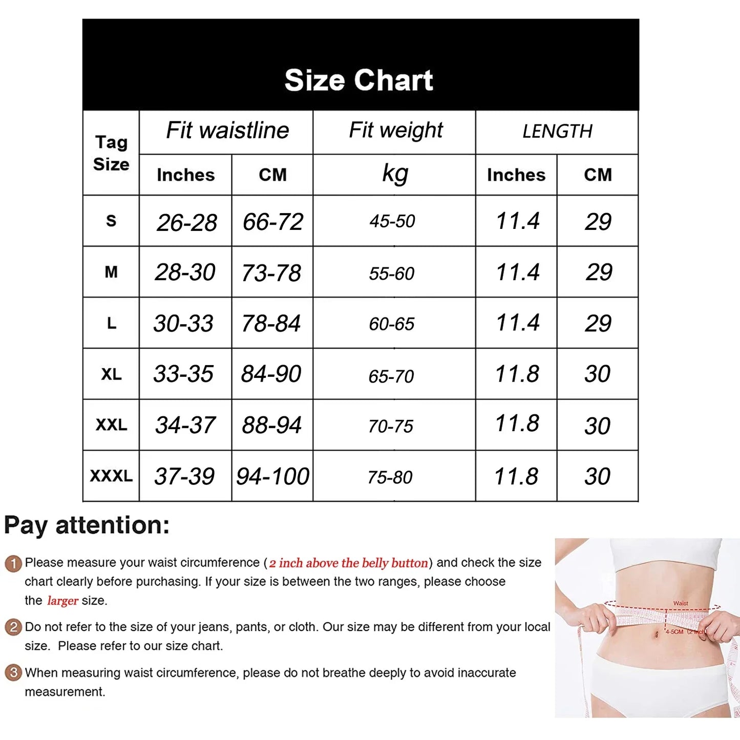 Größentabelle für Taillentrainer, Größen S-XXXL, Maße in Zoll und cm, Gewicht in kg.