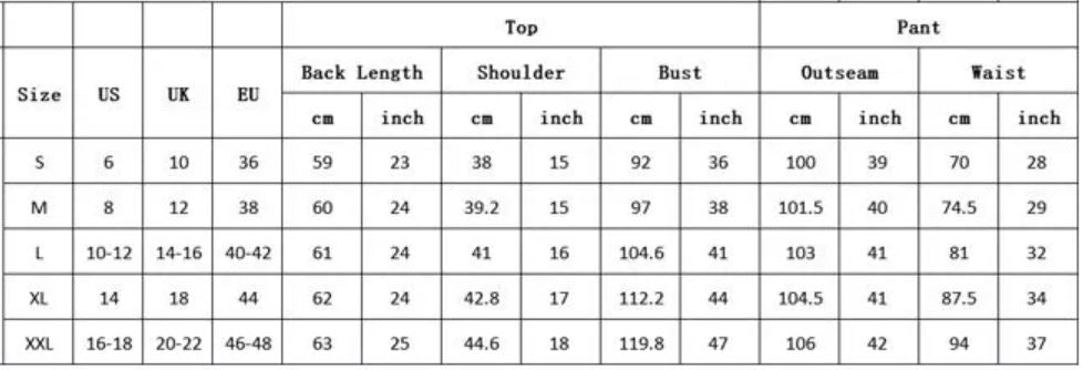 Größentabelle für Damenbekleidung, US-UK-EU Größen, Maße in cm und inch, Top und Hose.