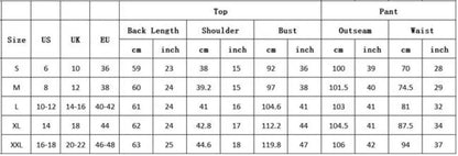 Größentabelle für Damenbekleidung, US-UK-EU Größen, Maße in cm und inch, Top und Hose.