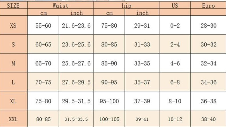 Größentabelle für Damenhosen, Größen XS bis XXL, Maße in cm und Zoll, US- und Euro-Größen.