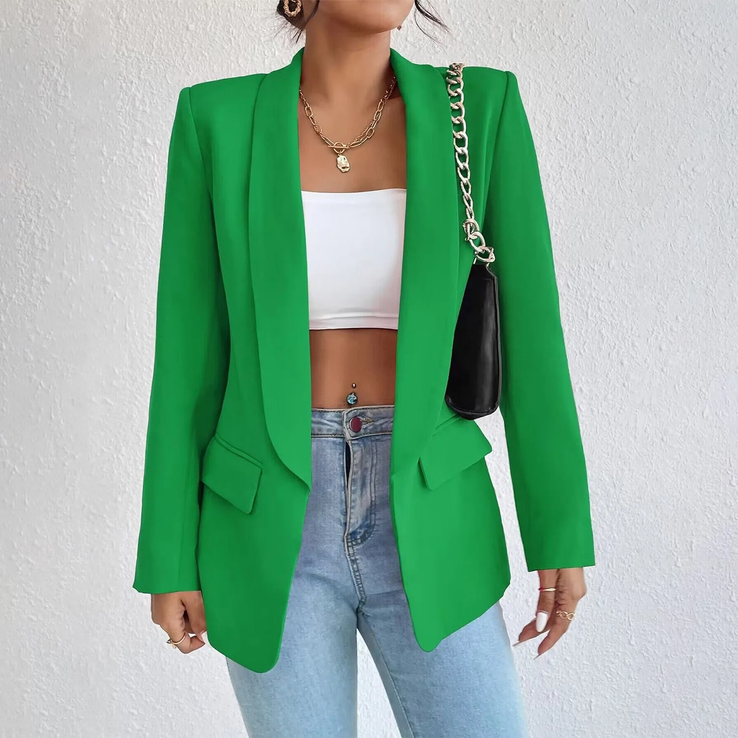 Grüne Damenblazer, Polyester-Baumwolle, langärmelig, Büro, modisch.