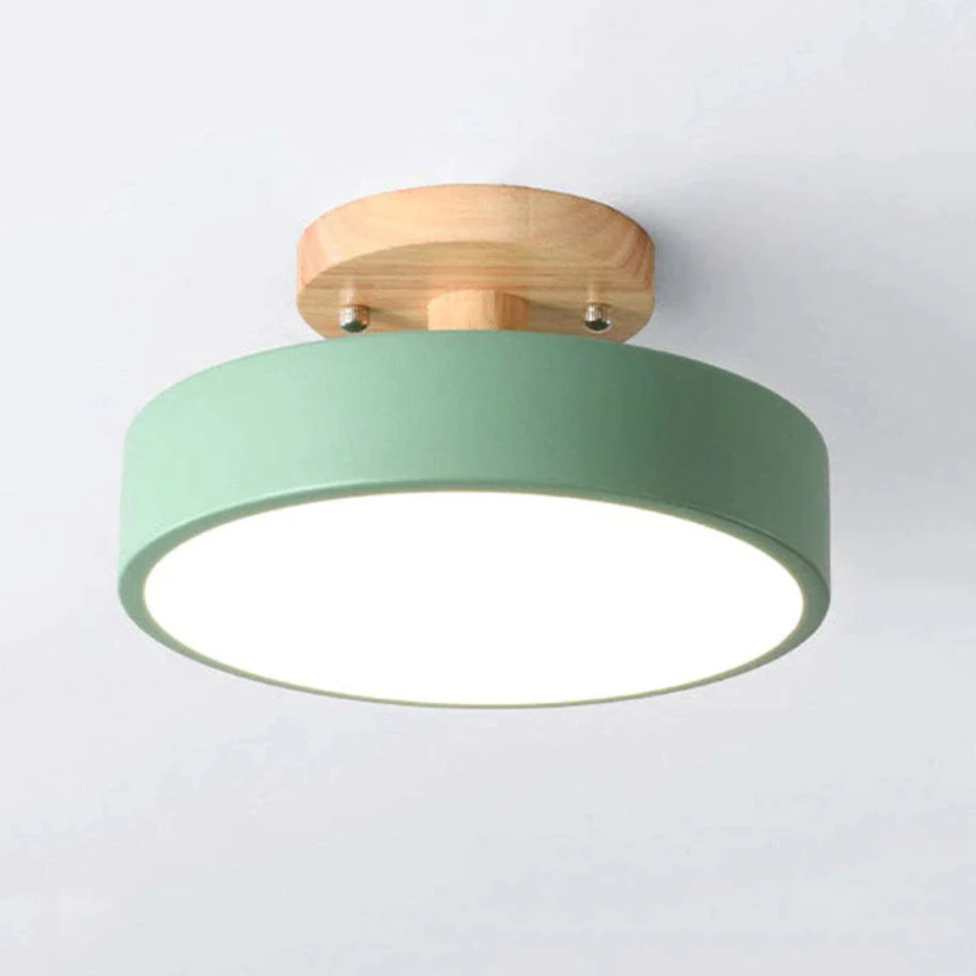 Moderne Deckenleuchte, grün, Holz, LED, rund, skandinavisches Design, Innenbeleuchtung.