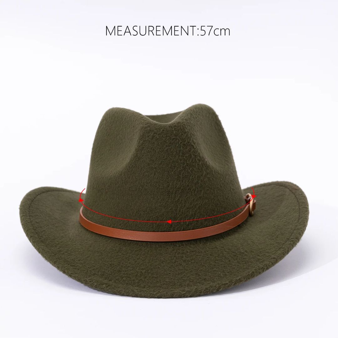 Grüner Filzhut mit braunem Lederband, 57 cm, modisch, elegant, Unisex-Hut.