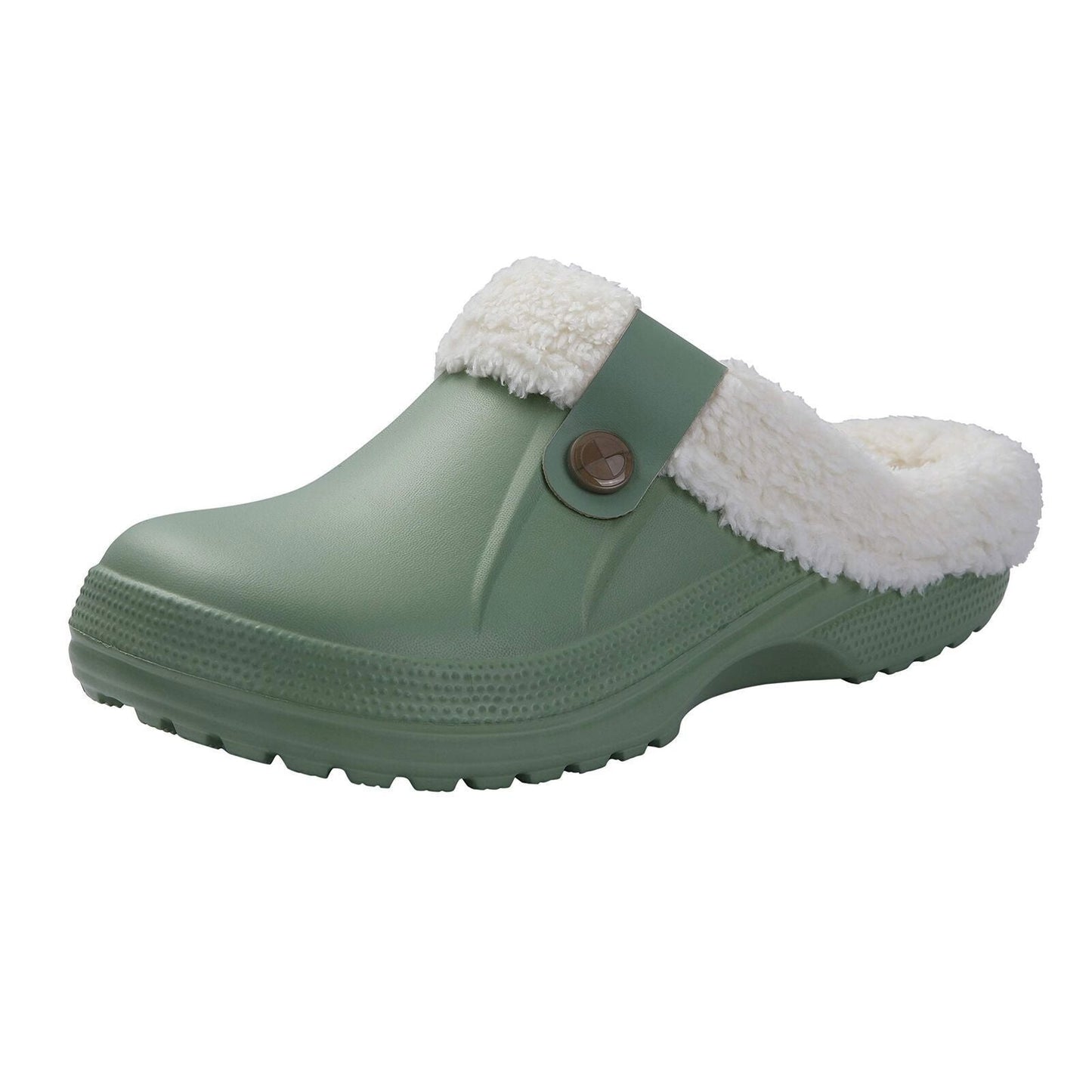 Grüner Clog mit weißem Futter, rutschfest, bequem, ideal für Gartenarbeit und Freizeit.