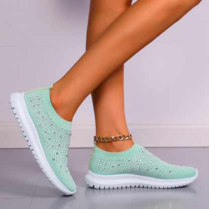 Grüne Damen-Sneaker mit Strass, gestrickt, rutschfest, bequem, modisch, Freizeit.