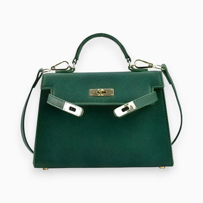 Grüne Lederhandtasche mit goldenen Beschlägen, elegante Damenmode, luxuriöses Accessoire.