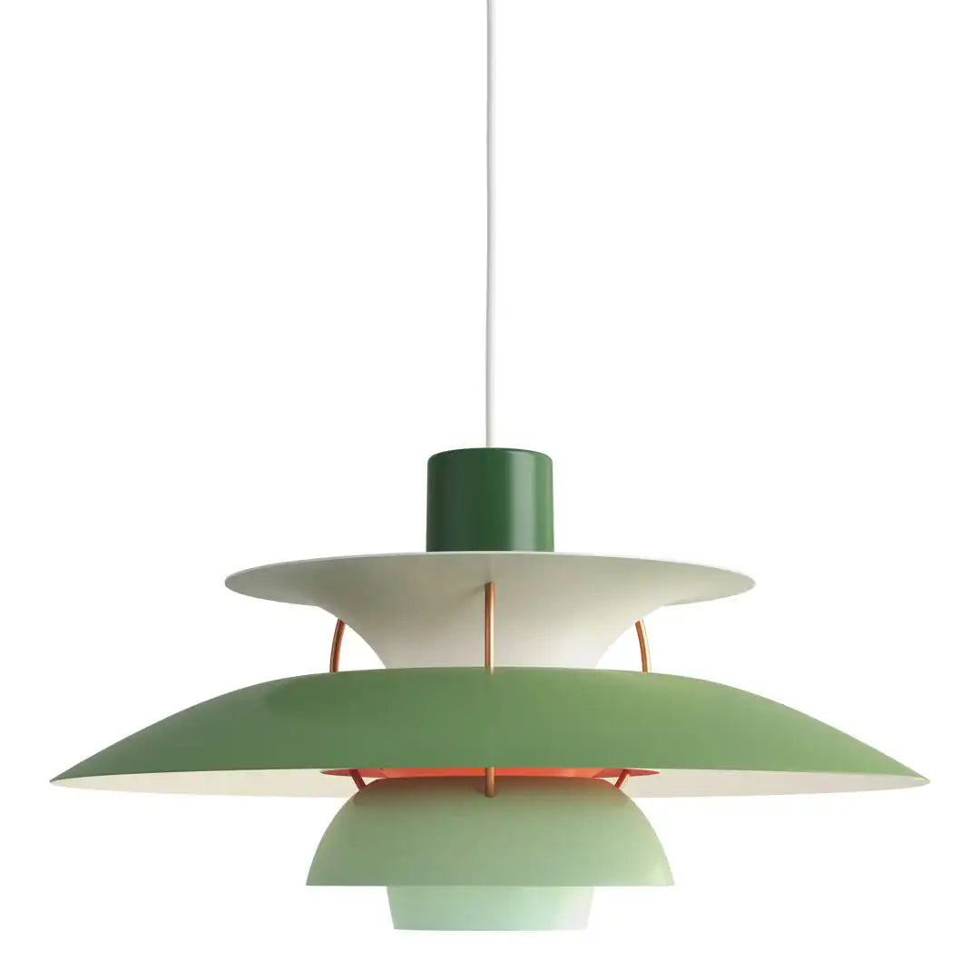 Grüne Pendelleuchte, modernes Design, Metall, skandinavischer Stil, Innenbeleuchtung.