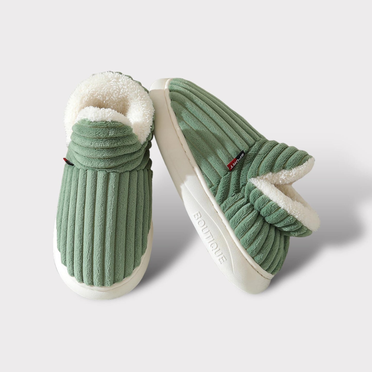 Grüne Hausschuhe aus Plüsch, rutschfeste Sohle, warmes Futter, gemütliche Winter-Pantoffeln.