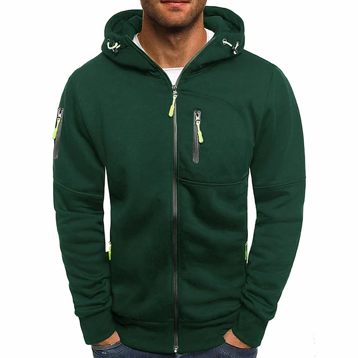 Grüne Herren-Kapuzenjacke mit Reißverschluss, sportlich, bequem, Outdoor-Bekleidung.
