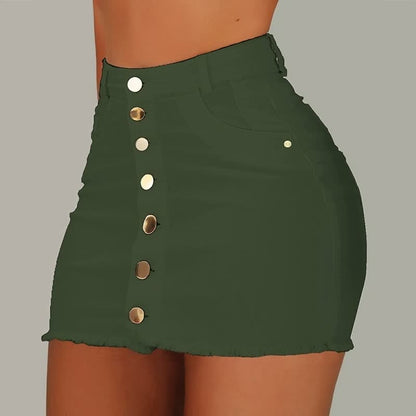 Damen Minirock, olivgrün, hohe Taille, Knopfleiste, modisch, Sommermode, Freizeitkleidung.