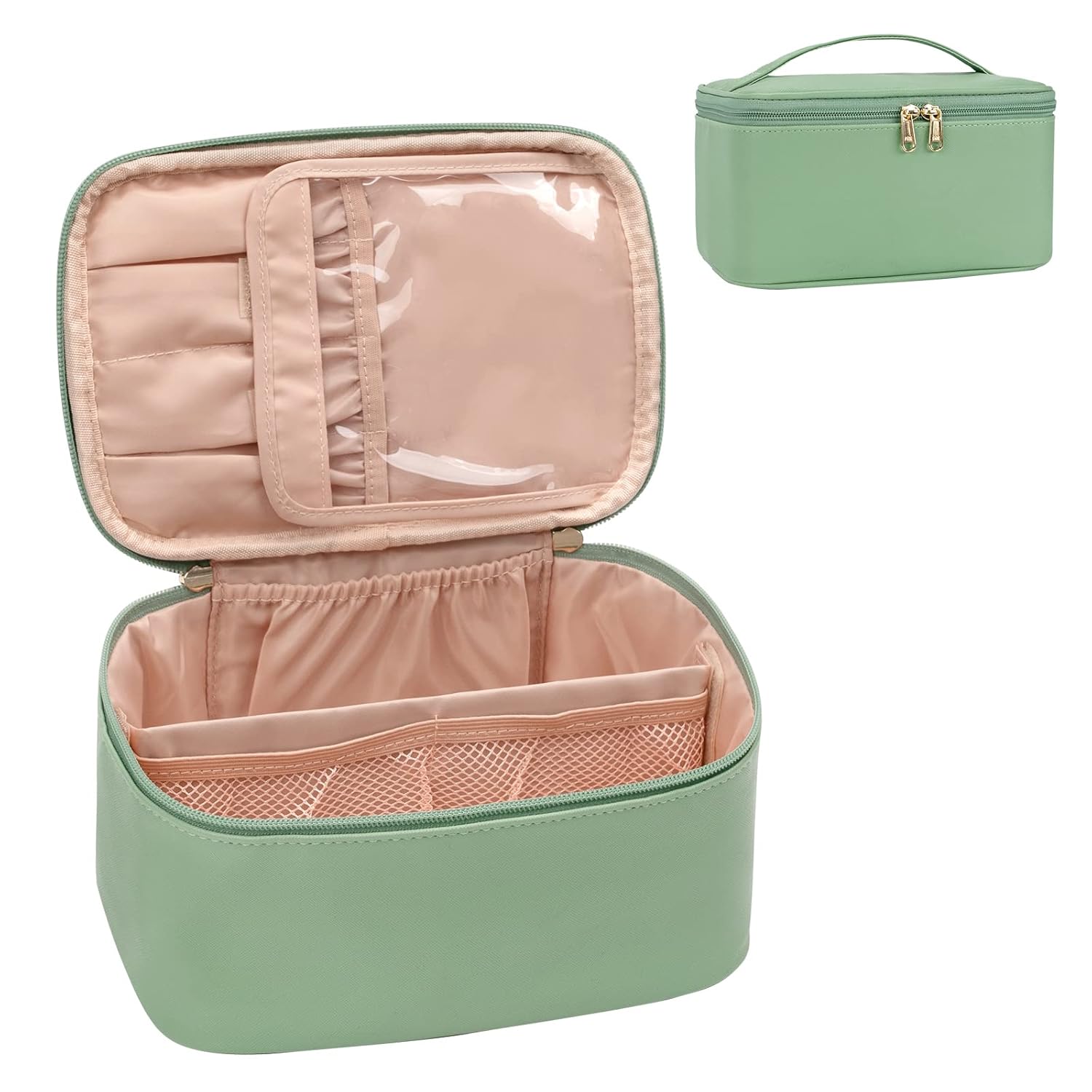 Grüne Kosmetiktasche mit Reißverschluss, Fächern und Tragegriff, ideal für Reisen.
