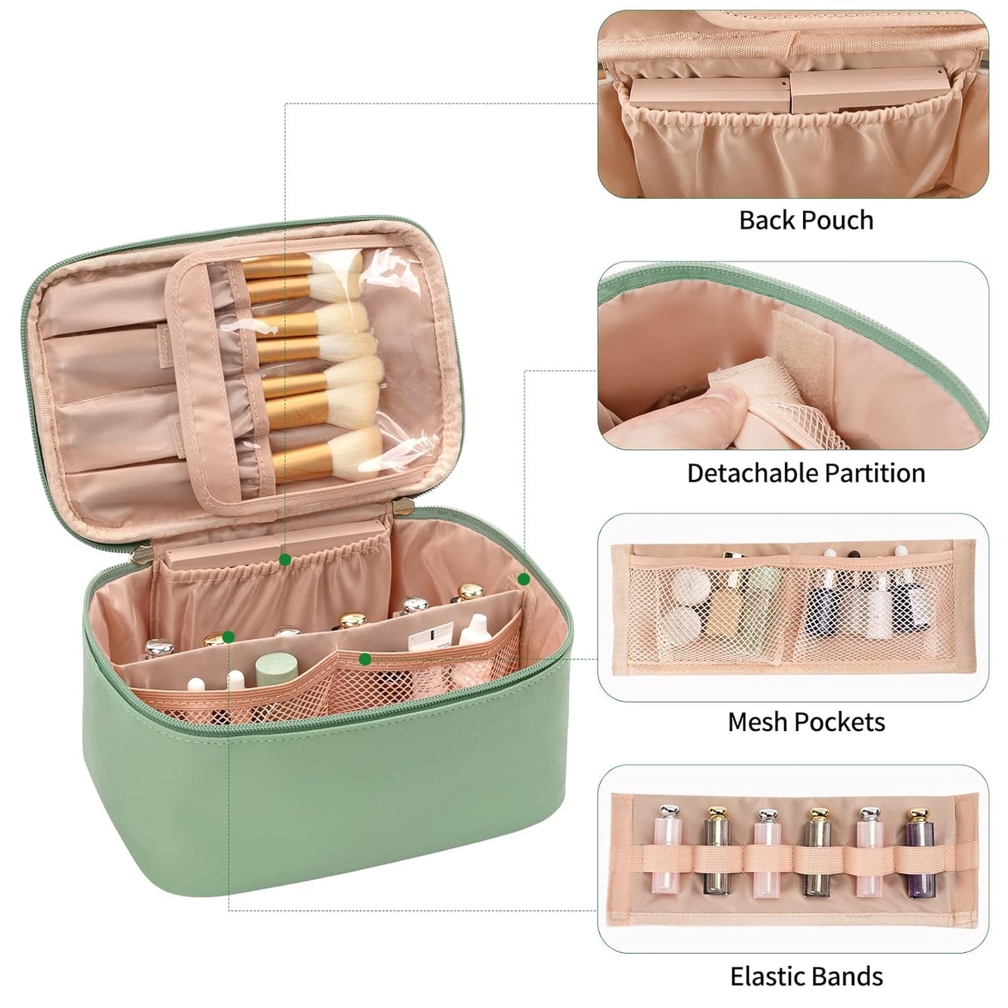 Grüne Kosmetiktasche mit Fächern, Mesh-Taschen, elastischen Bändern, ideal für Reisen.