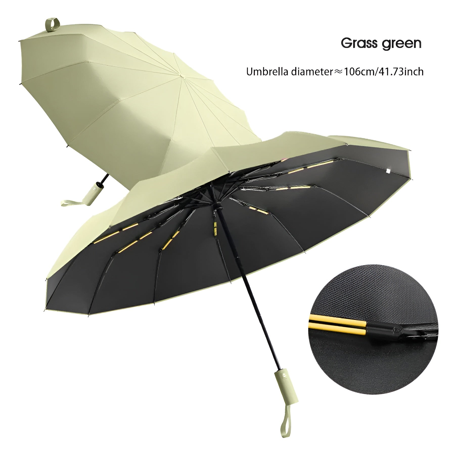 Grüner Regenschirm, 106 cm Durchmesser, winddicht, faltbar, automatischer Öffnungsmechanismus.
