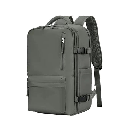 Grüner Rucksack, wasserdicht, mit mehreren Fächern, ideal für Reisen und Alltag.