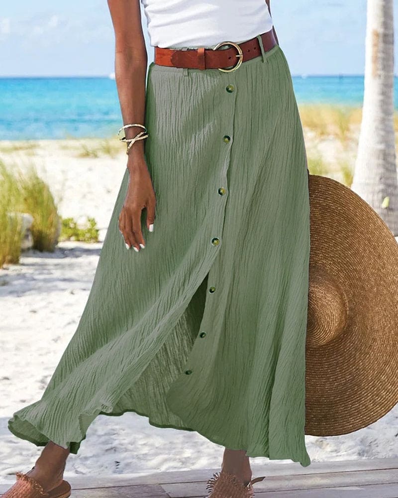 Grüner Maxirock mit Knopfleiste, Sommermode, Strand, Damenbekleidung, Leinenoptik.