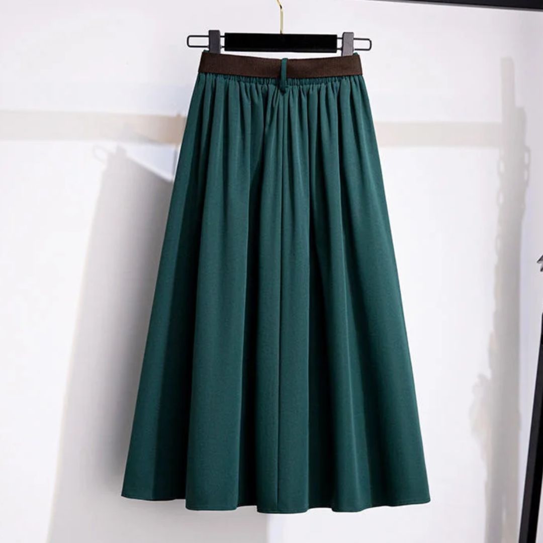 Grüner Maxirock aus Baumwolle, eleganter Faltenrock, Damenmode, knöchellang.