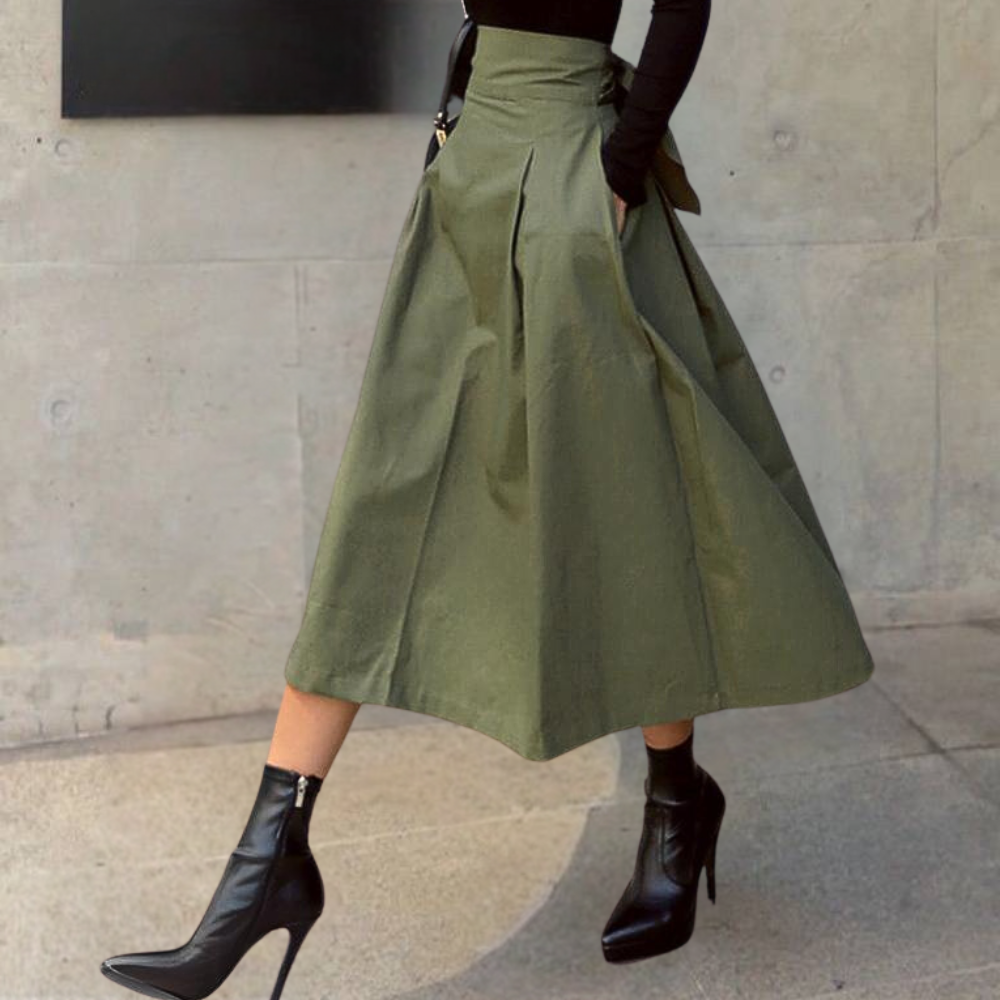 Grüner Midirock aus Baumwolle, hoher Bund, Damenmode, elegant, Herbstkleidung.