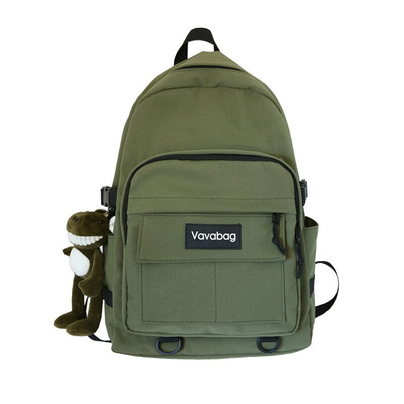 Grüner Rucksack mit Dinosaurier-Anhänger, Vavabag, Schulrucksack, Unisex, robustes Design.