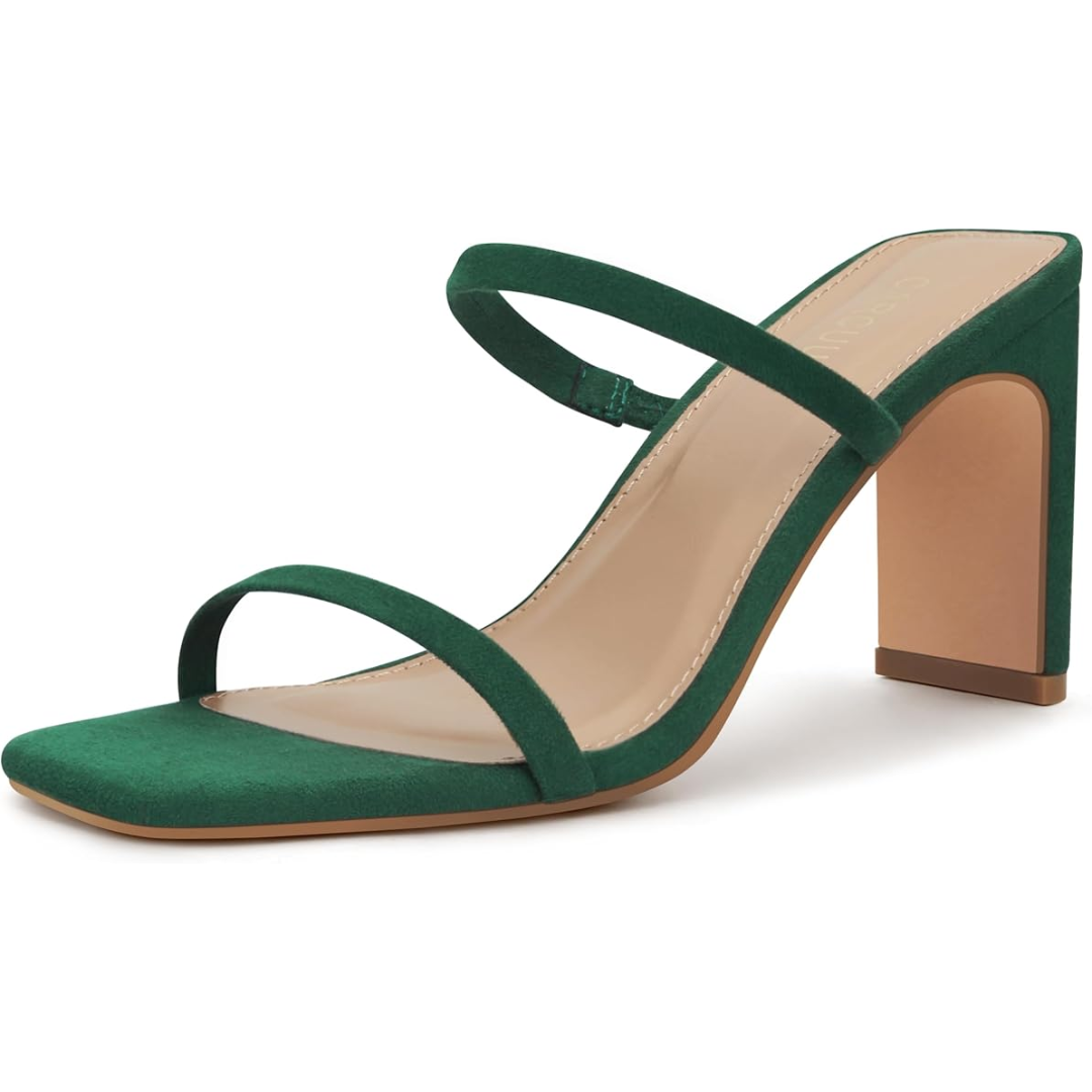 Grüner Damen-High-Heel-Sandalette aus Wildleder mit Blockabsatz und zwei Riemen.