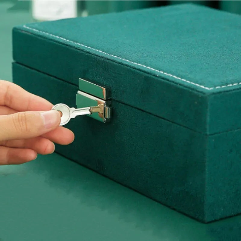 Hand öffnet grüne Schmuckschatulle mit Schlüssel, Samt, rechteckig, sicherer Aufbewahrungsort.