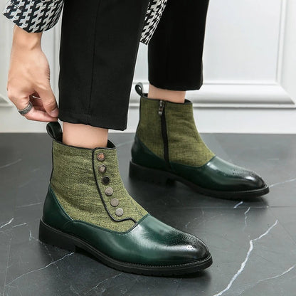 Grüne Herrenstiefeletten, Leder und Stoff, Knopfdetails, elegantes Design, Herbstmode.
