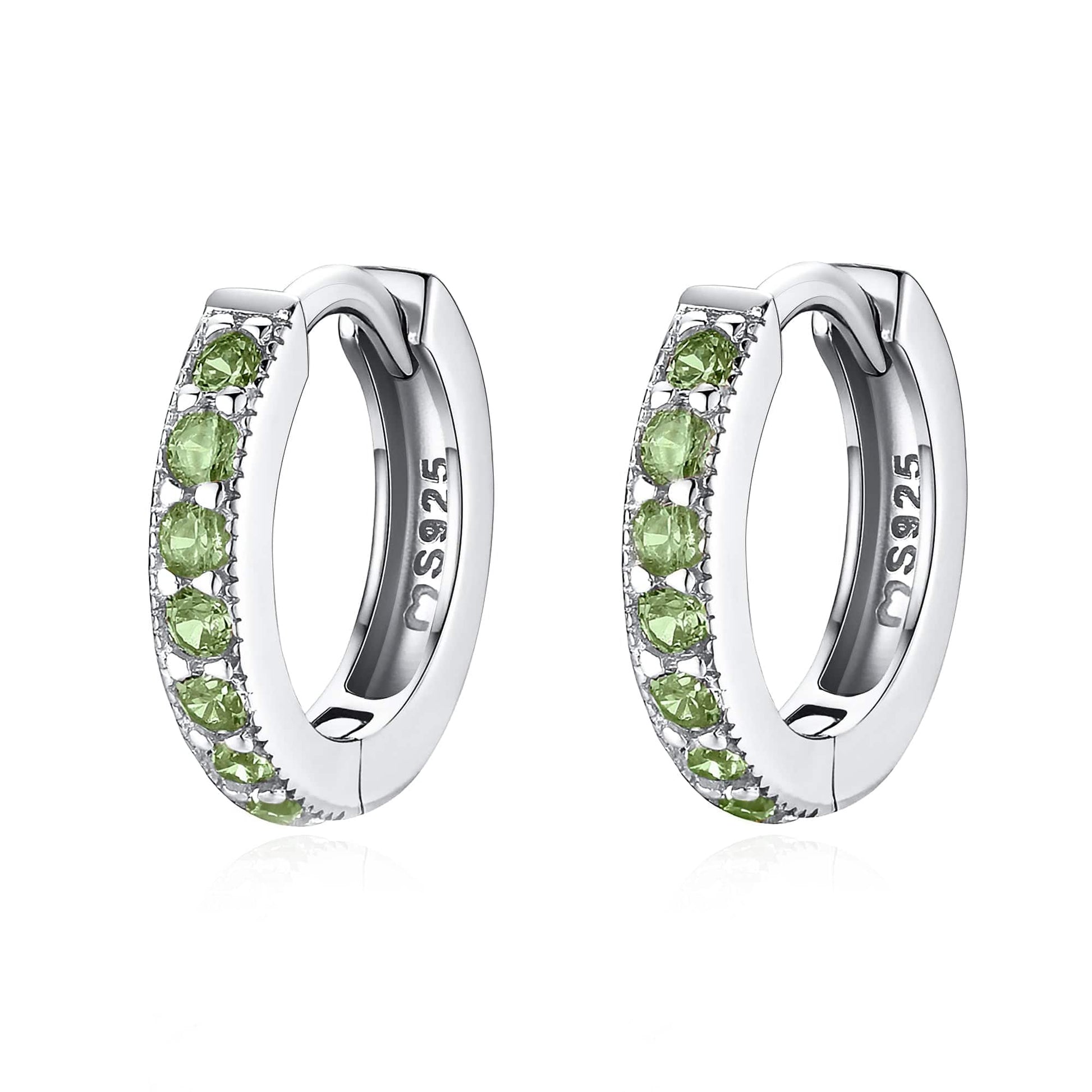 Silberne Creolen mit grünen Edelsteinen, 925 Sterling Silber Ohrringe, eleganter Schmuck.