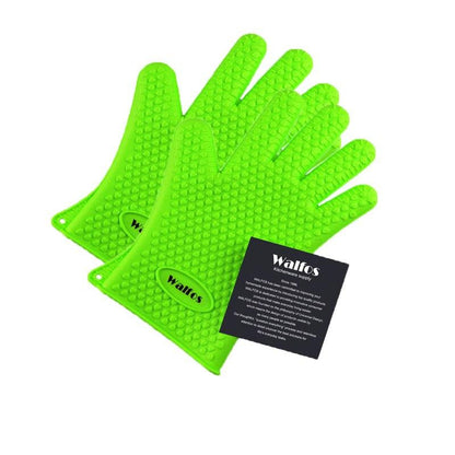 Grüne Silikon-Ofenhandschuhe hitzebeständig rutschfest für Küche und Grillen.